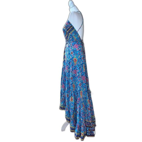 Boho Maxi Dress Blue Floral Flowy Halter Deep V Open Back Hi-Low Ruffle Gypsy - Picture 4 of 8